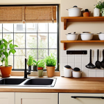 **

A bright, warm, and inviting kitchen with light beige walls and cabinets. The kitchen is well-organized with various storage solutions: interior cabinet organizers, wall-mounted shelves with frequently used utensils, and tidy countertop storage boxes. A green herb garden sits on the windowsill, adding a touch of nature. Focus on the overall feeling of a clean and happy cooking space, highlighting the warm lighting.
**