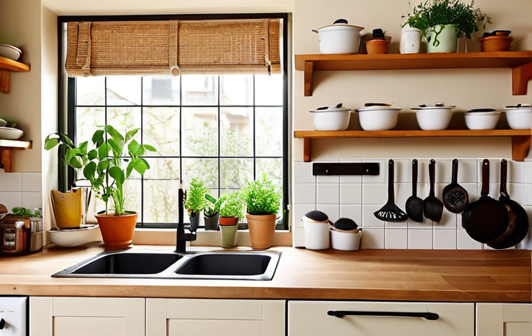 **

A bright, warm, and inviting kitchen with light beige walls and cabinets. The kitchen is well-organized with various storage solutions: interior cabinet organizers, wall-mounted shelves with frequently used utensils, and tidy countertop storage boxes. A green herb garden sits on the windowsill, adding a touch of nature. Focus on the overall feeling of a clean and happy cooking space, highlighting the warm lighting.
**